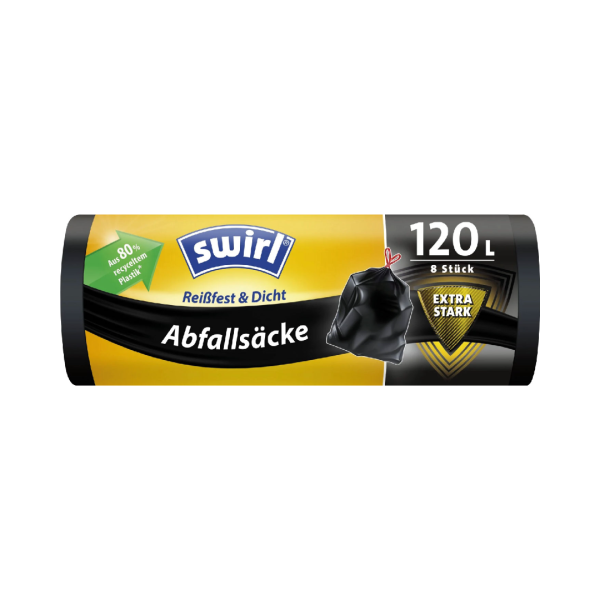 Swirl Abfallsäcke 120 Liter, mit Zugband, extra stark, schwarz/blickdicht, reissfest, tropfsicher